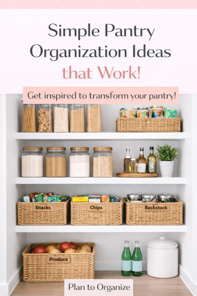 Bright white pantry with clear storage containers, labeled bins, and organized shelves featuring cereals, dry goods, and spices arranged neatly for a clutter-free kitchen.