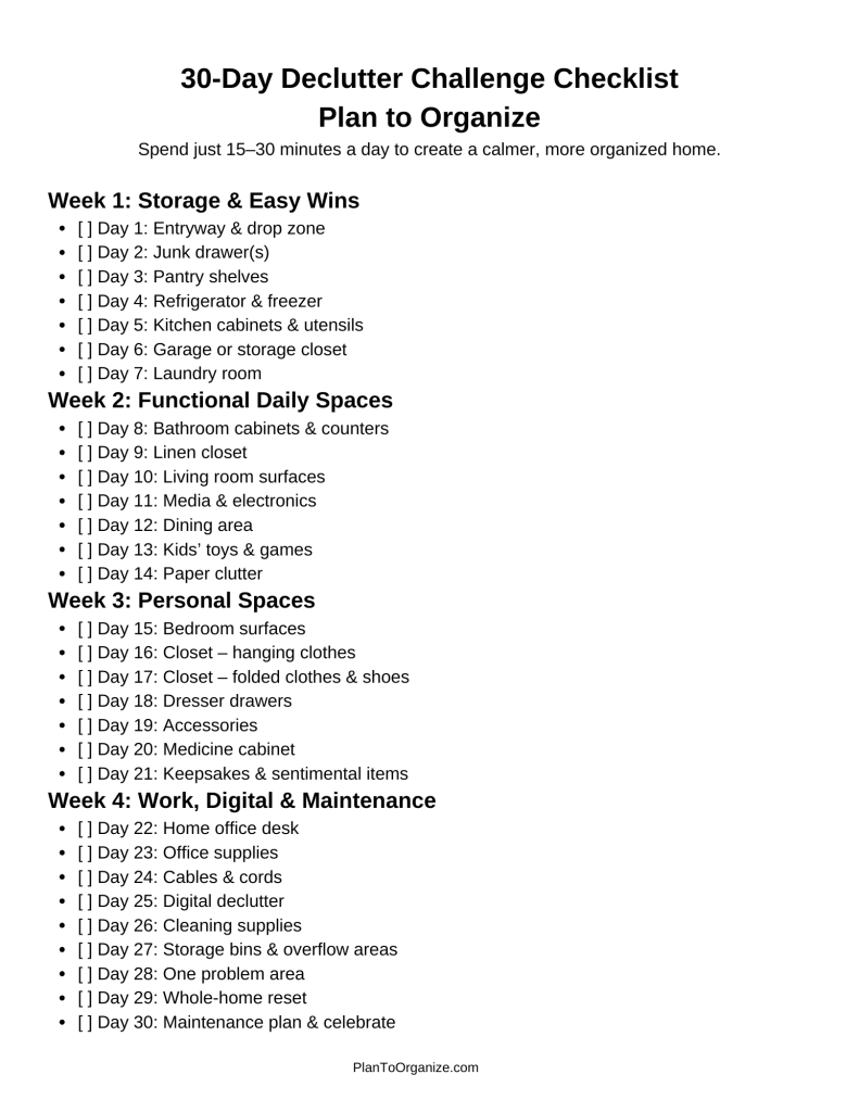 30-Day Declutter Challenge Checklist by Plan to Organize.