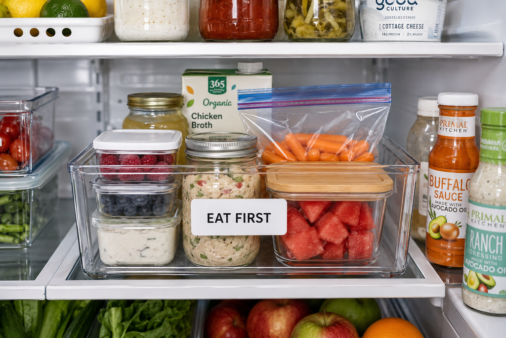 Organized refrigerator with a clear “Eat First” bin holding leftovers, berries, cut fruit, carrots, and other foods to use soon.