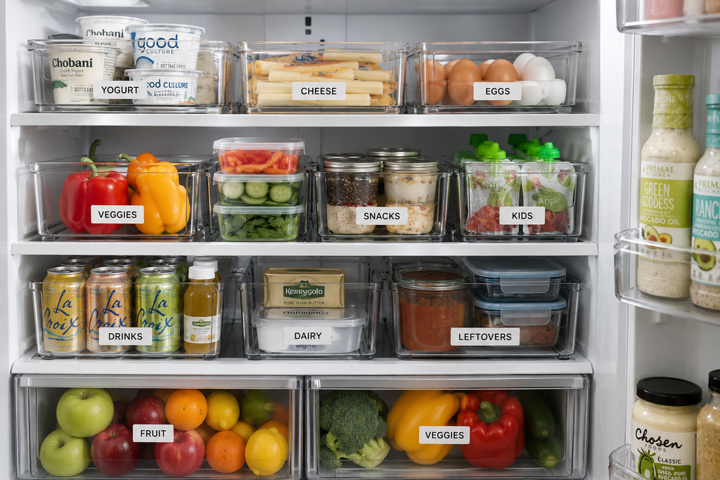 Fridge organization with clear labeled bins for yogurt, cheese, eggs, snacks, drinks, leftovers, fruits, and vegetables.