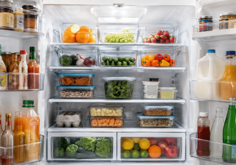 Clean, organized refrigerator with clear storage bins, fresh fruits and vegetables, dairy, drinks, and neatly arranged food containers.