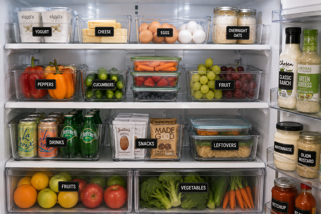 Weekly fridge reset infographic showing an organized refrigerator with labeled bins, fresh produce, leftovers, drinks, and a five-step checklist for cleaning, tossing expired food, organizing, restocking staples, and meal prep.