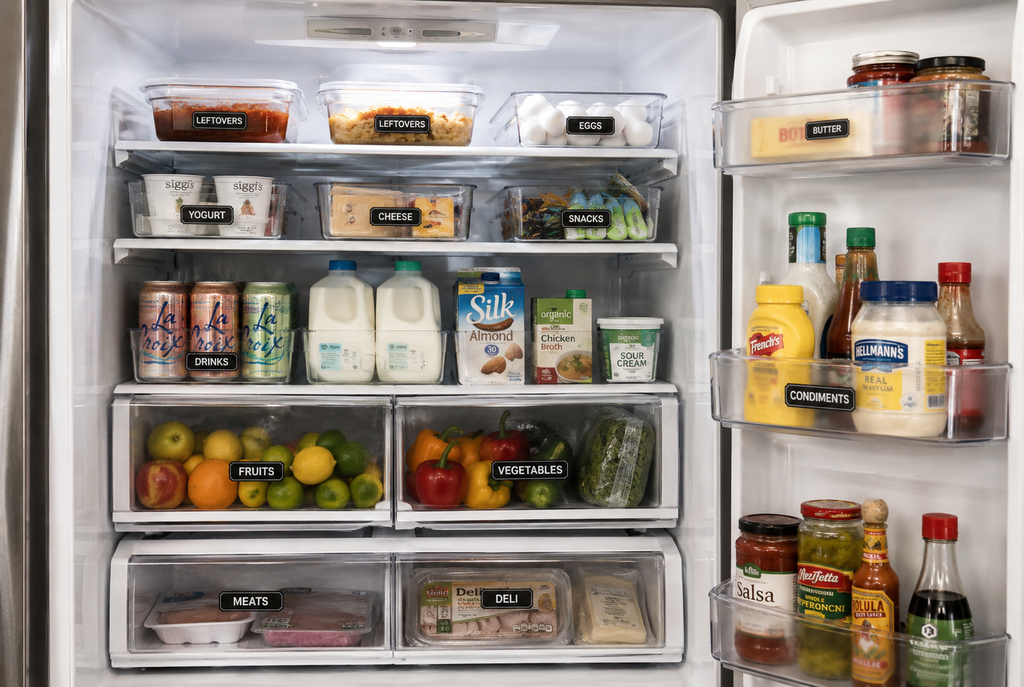 Organized refrigerator with labeled storage zones for leftovers, dairy, snacks, drinks, fruits, vegetables, meats, and condiments.