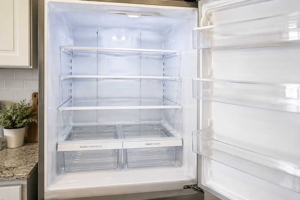 Clean, empty refrigerator with bright glass shelves, clear crisper drawers, and organized door storage ready for a fridge organization reset.