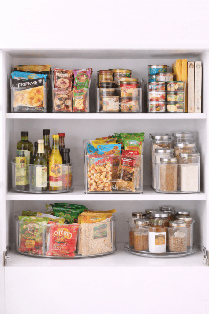 Neatly organized pantry shelves with clear storage bins, labeled containers, turntables for oils and condiments, and categorized snacks and dry goods in a clean white cabinet.