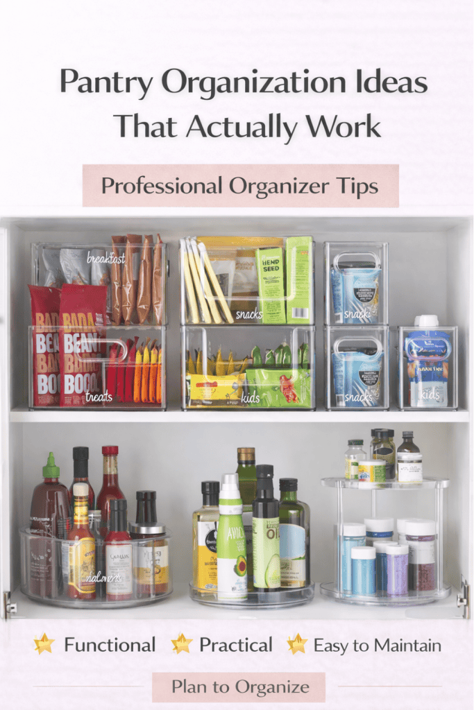 Organized pantry cabinet with clear storage bins, labeled snack containers, turntables for oils and condiments, and the headline βPantry Organization Ideas That Actually Workβ with a call to action and Plan to Organize branding at the bottom.