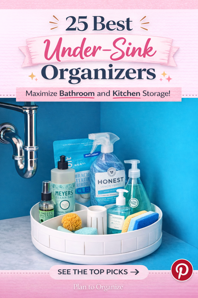Pinterest Pin with 25 best under-sink organizers to maximize kitchen storage.