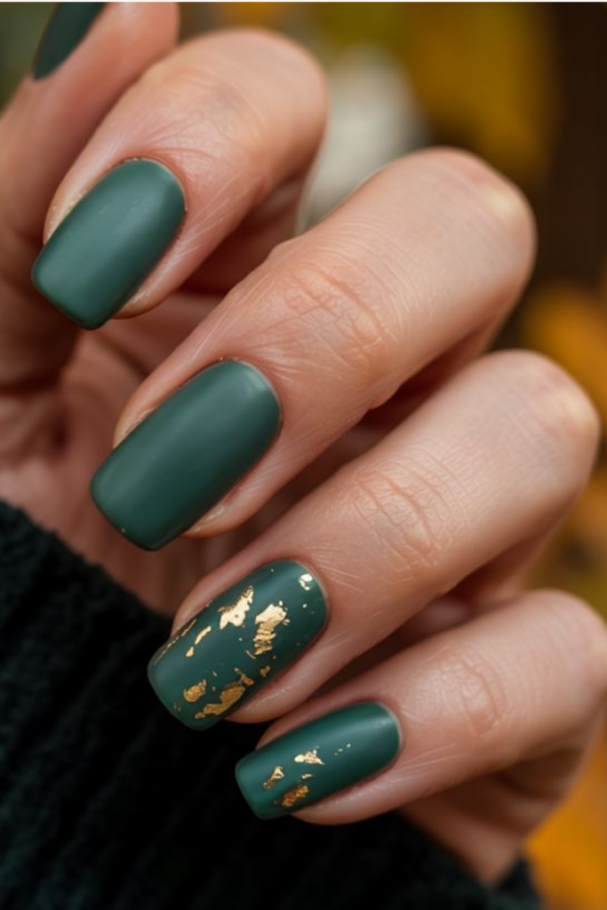 Deep forest green nails paired with metallic gold accents or foil, combining earthy and luxurious tones.