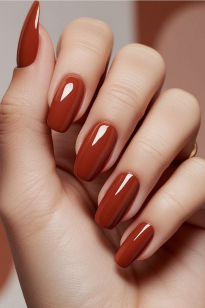 Warm terracotta-colored nails offering a muted, earthy alternative to bright fall tones.