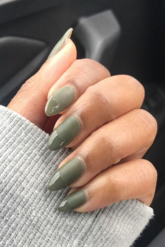 Matte olive green nails with a smooth, non-glossy finish, offering a chic and earthy fall look.