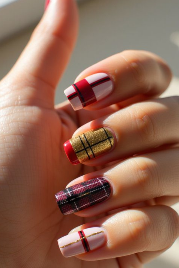 Nails painted with detailed plaid patterns in fall colors like mustard yellow, rust, and forest green.