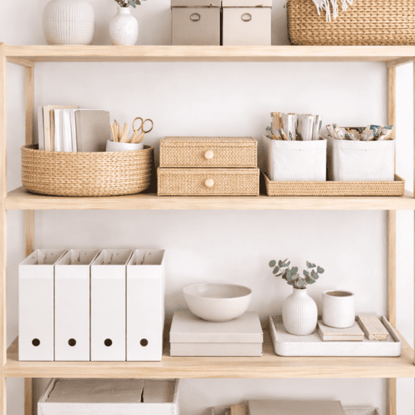 Minimalist home organization shelving with decor.