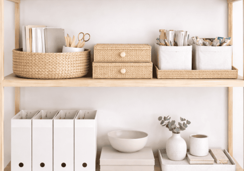 Minimalist home organization shelving with decor.
