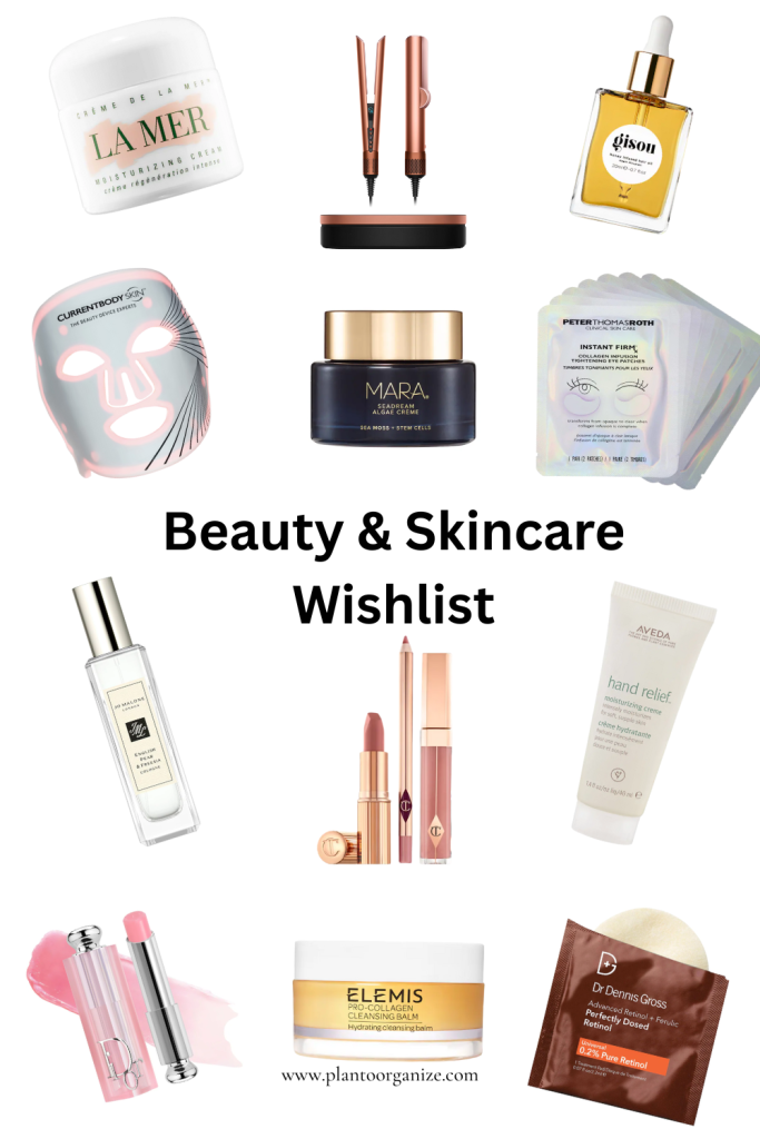 A neatly arranged flat lay of Christmas-themed beauty and skincare products including moisturizers, serums, face masks, and makeup items, styled aesthetically with festive accents as part of a holiday wishlist collection.