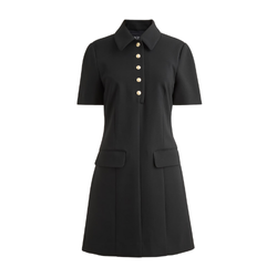 Classic black short-sleeve dress with button detailing down the front, displayed flat, highlighting its timeless, versatile design suitable for both casual and formal occasions.