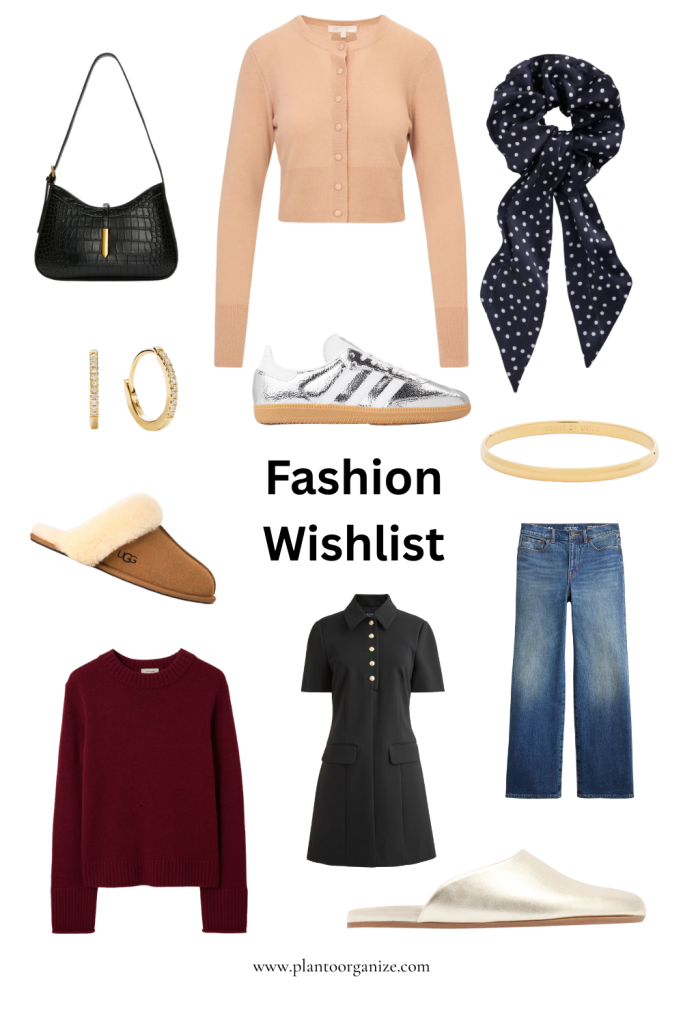 Flat lay of a fashion wishlist featuring curated clothing and accessories, including dresses, jeans, sweaters, handbags, and jewelry, styled aesthetically to inspire holiday gift ideas.