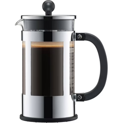 French press coffee maker with a glass carafe and stainless steel frame, displayed on a clean surface, highlighting its classic design for brewing rich, flavorful coffee.
