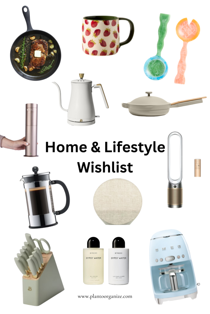 Flat lay of a home and lifestyle wishlist featuring cozy blankets, scented candles, decorative items, kitchenware, and stylish home accessories, arranged aesthetically to inspire holiday gift ideas.