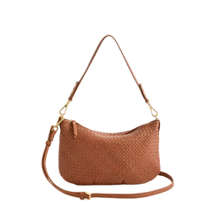 Italian leather shoulder bag styled with a vegan-suede mini dress and cropped jacket for a chic fall capsule wardrobe outfit.