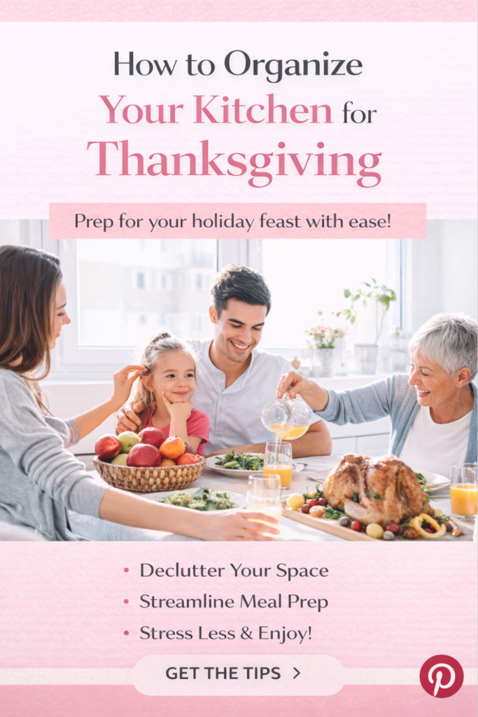 Family gathered around a Thanksgiving dinner table with turkey and side dishes, promoting tips on how to organize your kitchen for Thanksgiving.