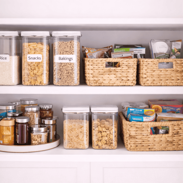 Organized pantry with tidy shelves.