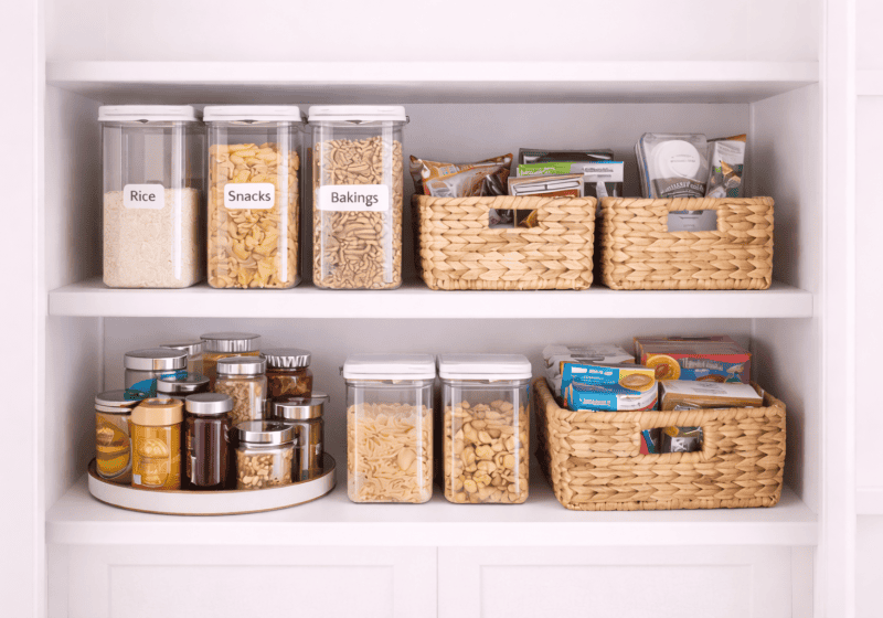 Organized pantry with tidy shelves.