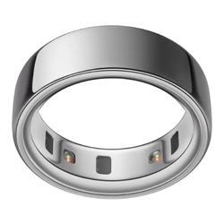 Oura Horizon Ring in sleek metallic finish, displayed on a clean surface, highlighting its minimalist design and wearable technology for health and wellness tracking.