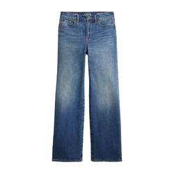 Slim-wide jeans in a classic denim wash, laid flat to showcase their modern slim-to-wide leg silhouette, highlighting a stylish and versatile wardrobe staple.