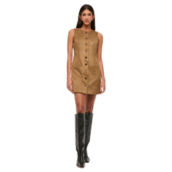 Vegan-suede mini dress styled with a faux-suede cropped jacket and leather boots for a chic fall capsule wardrobe outfit.