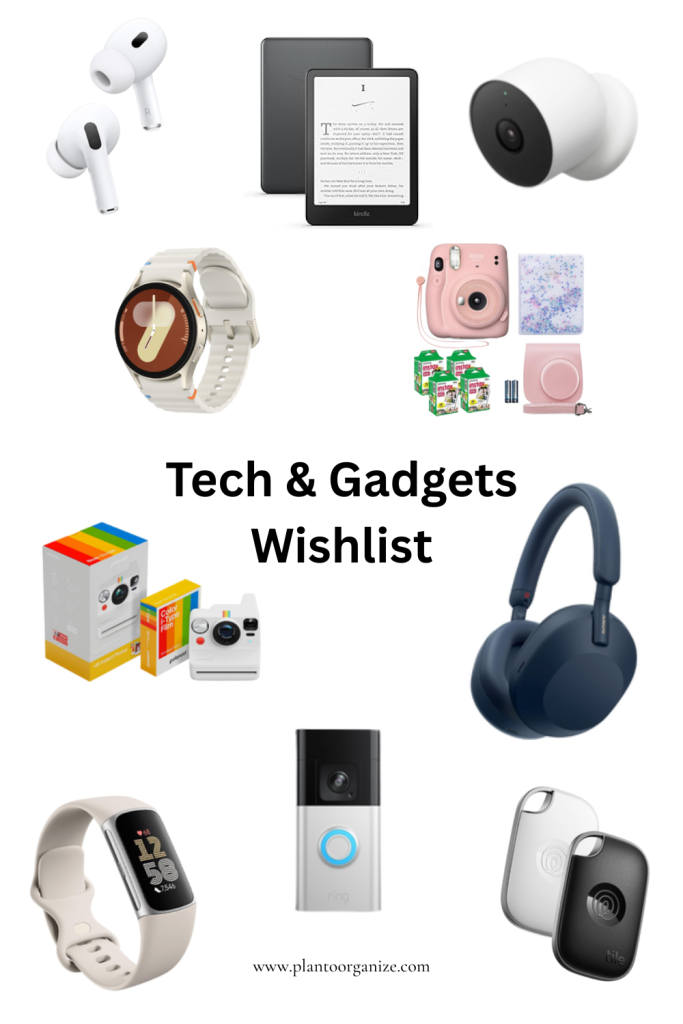 Flat lay of a tech and gadgets wishlist featuring items like headphones, smartwatches, hair styling tools, air purifiers, and home devices, arranged aesthetically to inspire holiday gift ideas.