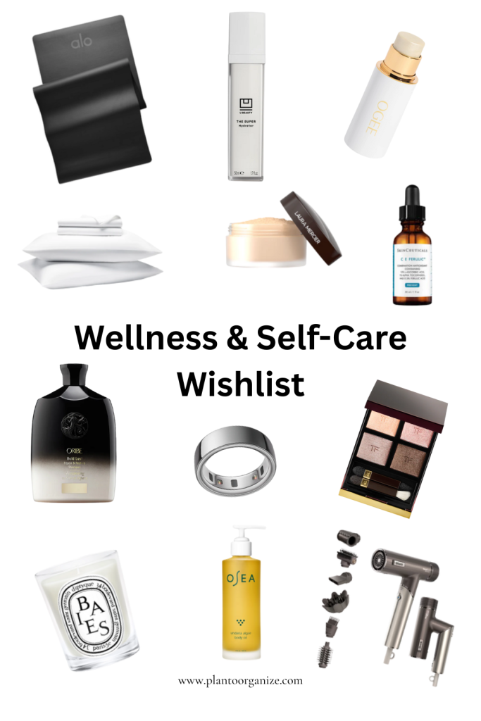 Flat lay of a wellness and self-care checklist featuring items like candles, essential oils, skincare products, bath accessories, and cozy lifestyle essentials, arranged aesthetically to inspire relaxation and self-care gifting.