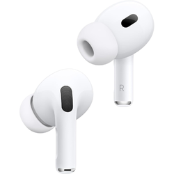 Apple AirPods Pro (2nd Generation) with sleek white charging case, displayed on a clean surface, highlighting their wireless, noise-canceling design for premium audio experience.