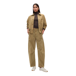 Twill barrel pants paired with a link-stitch dolman sweater, denim jacket, and ankle boots for a versatile fall capsule wardrobe outfit.