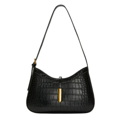 Sleek black sophisticated handbag with structured design and clean lines, displayed on a neutral surface, highlighting its elegant and versatile style for everyday or formal use.