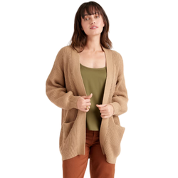 Knit cardigan with pockets layered over a sweater dress and styled with tall boots for a versatile fall capsule wardrobe outfit.