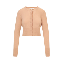 Love Shack Fancy cashmere cardigan in a soft, neutral color, displayed flat to showcase its cozy, luxurious texture and delicate design, perfect for layering in style.