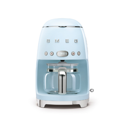 Smeg retro-style coffee machine in pastel color with chrome accents, displayed on a kitchen countertop, highlighting its vintage-inspired design and functionality for brewing coffee.