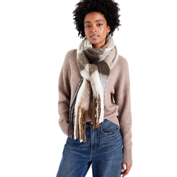 Brushed fringe scarf styled over a link-stitch dolman sweater and denim jacket for a cozy fall capsule wardrobe outfit.