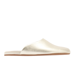 Platinum-colored leather slippers with a sleek, minimalist design, displayed on a clean surface, highlighting their luxurious and comfortable style for indoor wear.