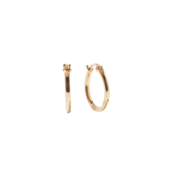 Gold midi hoop earrings paired with a belted sweater dress and tall boots for a polished fall capsule wardrobe outfit.