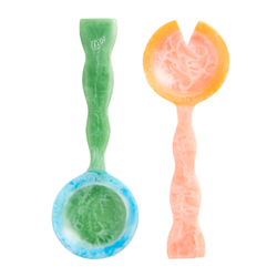 Set of colorful salad servers in vibrant hues, displayed on a clean surface, highlighting their playful and functional design for serving salads and other dishes.