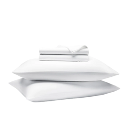 Brooklinen Luxe Core Sheet Set neatly folded, showcasing soft, high-quality fabric in a neutral color, highlighting its luxurious and comfortable bedding for a restful night's sleep.