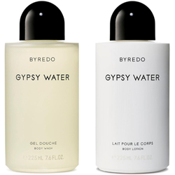 Byredo Gypsy Water Shower Set featuring a collection of luxury bath products in sleek packaging, displayed on a clean surface, highlighting a fragrant and indulgent shower experience.