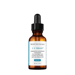 SkinCeuticals C E Ferulic® serum with 15% L-Ascorbic Acid in a sleek glass bottle, displayed on a clean surface, highlighting its antioxidant-rich formula for brightening and protecting skin.