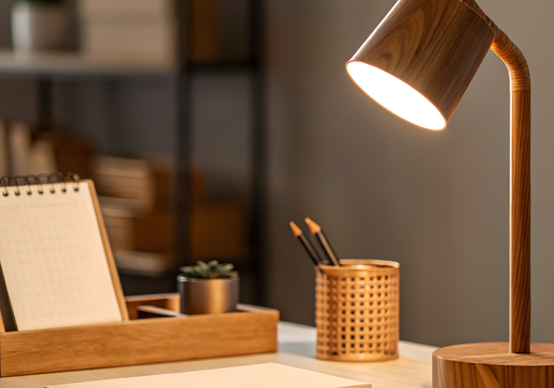 Cozy desk space with a warm lamp, neatly arranged books, a laptop, and a cup of coffee, creating a comfortable and inviting work environment.