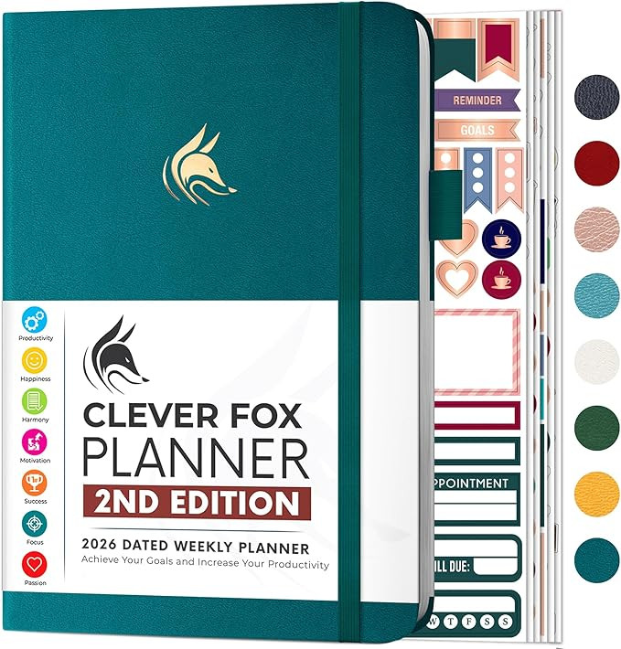 Clever Fox Planner open to a daily layout with sections for goal-setting, priorities, habits, and to-do lists, designed for productivity, organization, and personal growth.