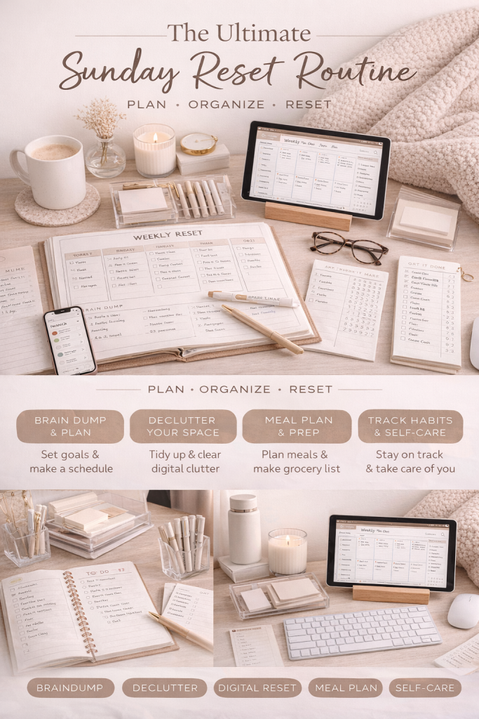 Cozy Sunday reset workspace with weekly planner, habit tracker, laptop stand, and self-care essentials.