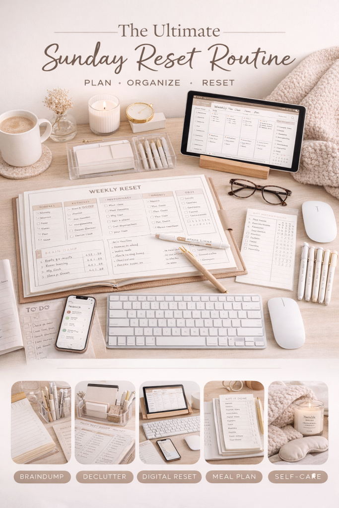Minimalist Sunday reset routine flat lay with planner, digital tablet, coffee, candle, keyboard, and productivity tools on a neutral desk.