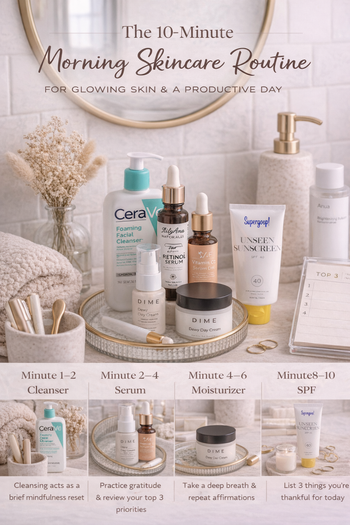 Morning skincare routine flat lay with minute-by-minute steps for cleanser, serum, moisturizer, and SPF.