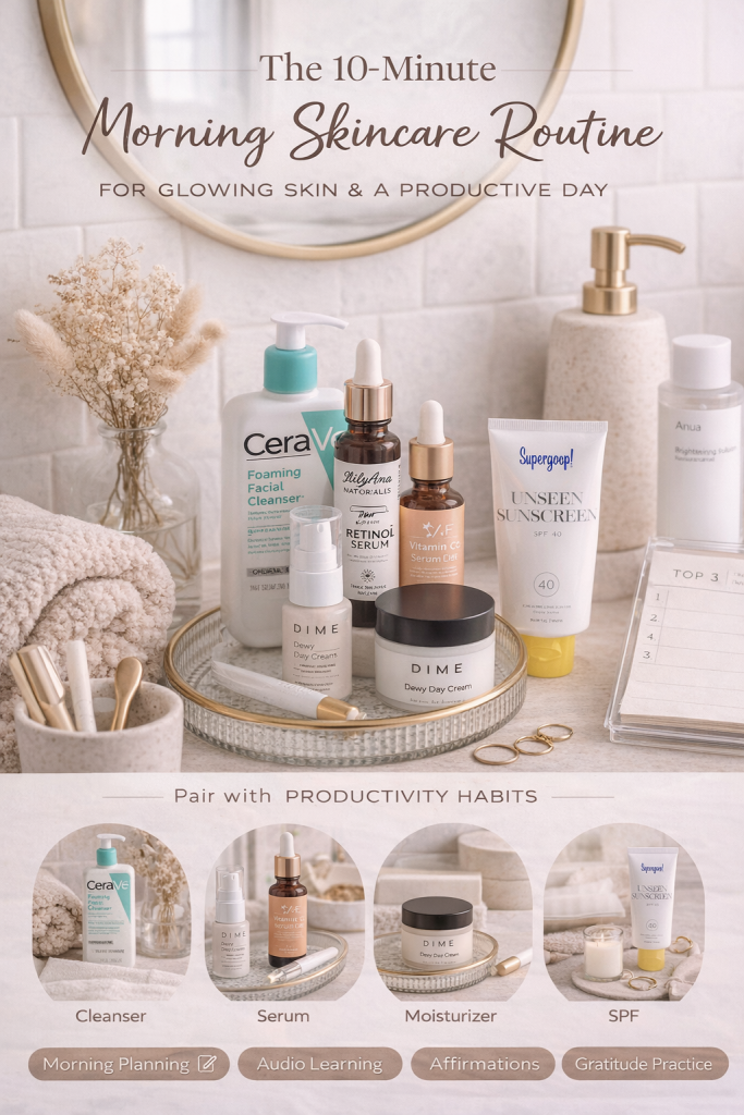 10-minute morning skincare routine guide showing cleanser, serum, moisturizer, and sunscreen with timed steps for productivity